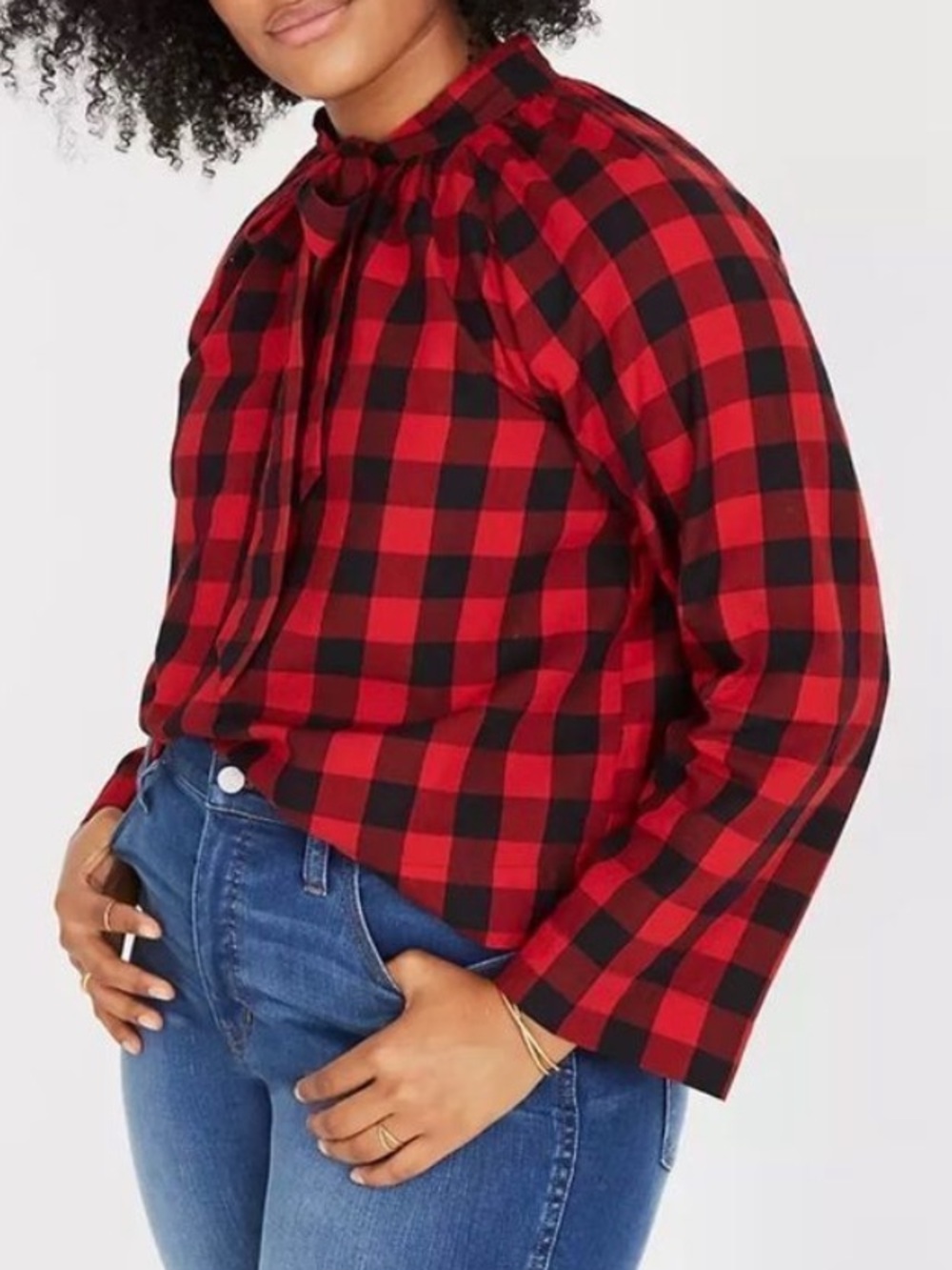 Madewell Tie Neck Popover Long Sleeve Red & Black Buffalo Check Shirt. Size M.